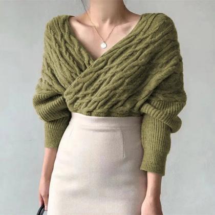 Spring Women Knitted Sweaters V-neck Cross Loose..