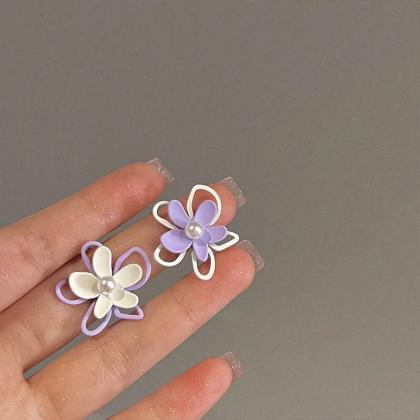 Purple White Flower Stud Earrings For Women Hollow..
