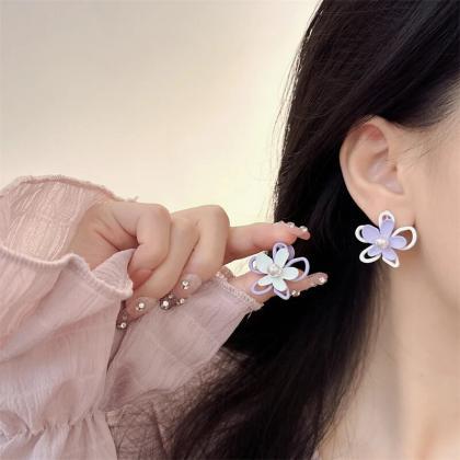 Purple White Flower Stud Earrings For Women Hollow..