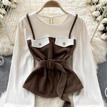 Classic Ribbed White Blouse With Contrast Brown..