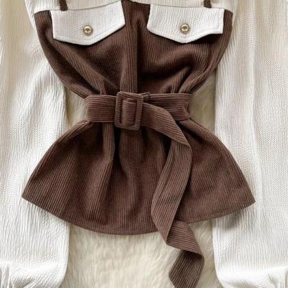 Classic Ribbed White Blouse With Contrast Brown..