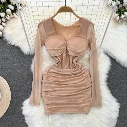 Elegant Long Sleeve Pink Ruched Bodycon Mini Dress