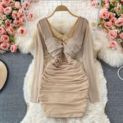 Elegant Taupe Puff Sleeve Ruched Bodycon Mini..