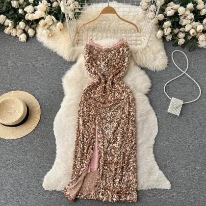 Elegant Rose Gold Sequin Evening Gown With Slit
