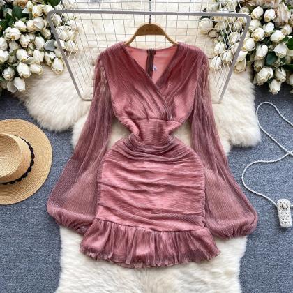 Elegant Velvet Ruched V-neck Party Dress With..