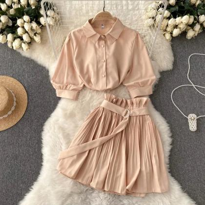 Flowy Pleated Blouse & Skirt Set