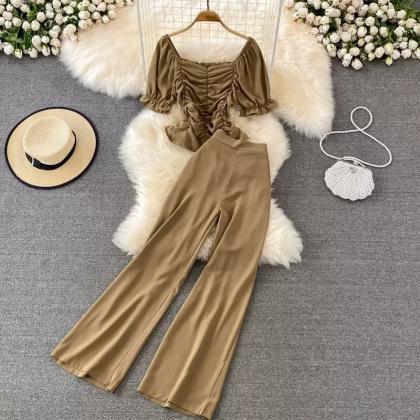 Womens Puff Sleeve Top And Flared Pants Set