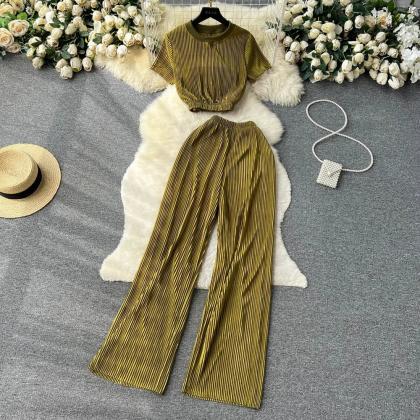 Olive Green Pleated Wide-leg Pants With Matching..