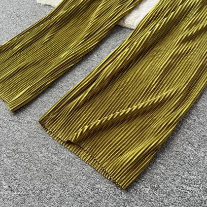 Olive Green Pleated Wide-leg Pants With Matching..