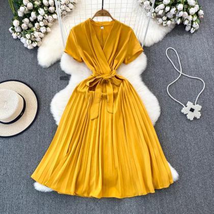 Elegant Short Sleeve Pleated Midi Wrap Dress