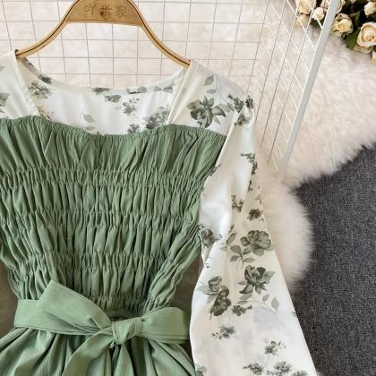 Womens Floral Sleeve Cinched Waist Vintage Dress