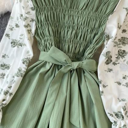 Womens Floral Sleeve Cinched Waist Vintage Dress