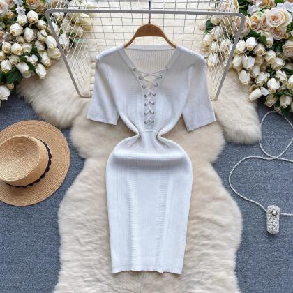 Womens Ribbed Knit Lace-up Front Puff Sleeve Dress