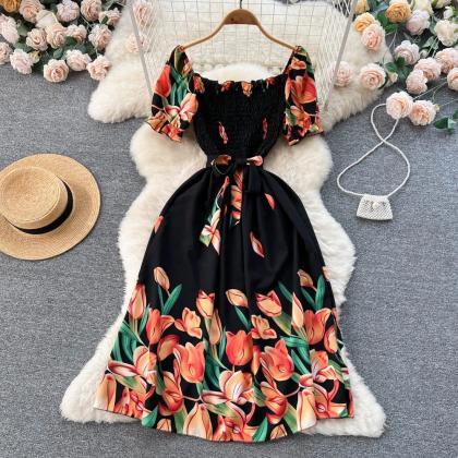 Off-shoulder Floral Print A-line Summer Midi Dress