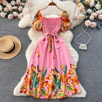 Off-shoulder Floral Print A-line Summer Midi Dress