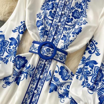 Elegant Long-sleeve Blue Floral Print Maxi Dress