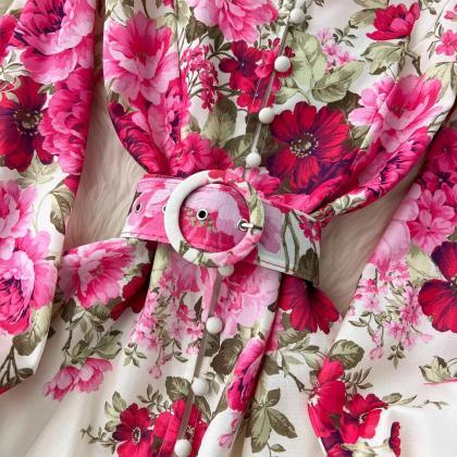 Elegant Floral Belted Midi Dress With Lantern..
