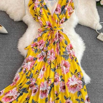 Womens Floral V-neck Midi Dress With Tie Waist