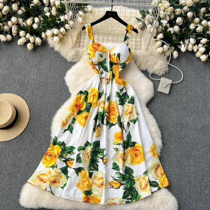 Elegant Floral Print Summer Dress With Pockets