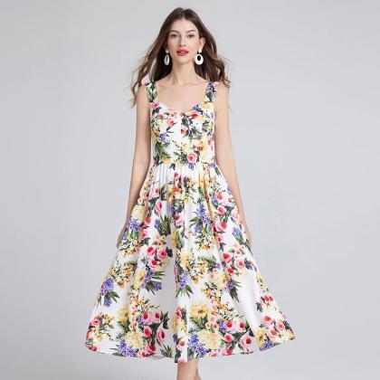Elegant Floral Print Summer Dress With Pockets