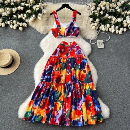 Womens Colorful Floral Print Summer Maxi Dress..