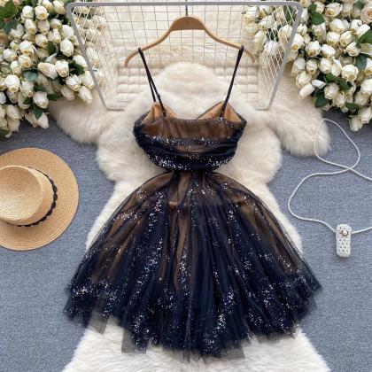 Sparkling Navy Tulle Cocktail Dress With Glitter..