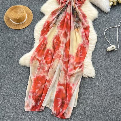 Elegant Tie-front Floral Maxi Beach Dress Cover-up