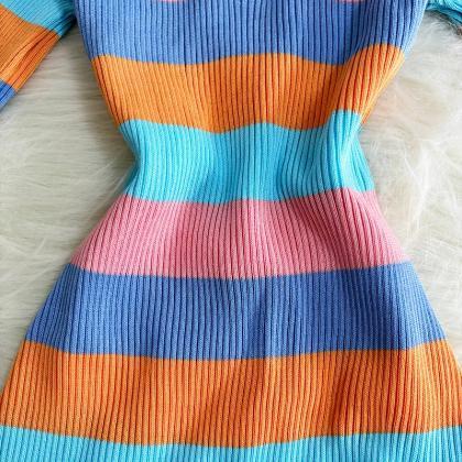 Womens Casual Striped Short Sleeve Knitted Midi..