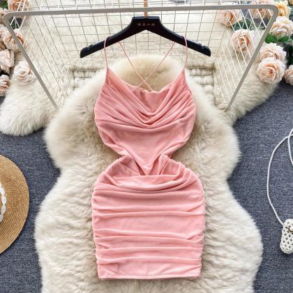 Elegant Pink Satin Cowl Neck Cocktail Dress