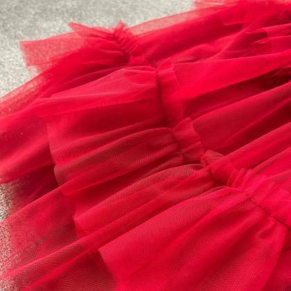 Elegant Red Sleeveless Tulle Evening Gown For..