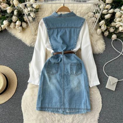 Womens Casual Denim And White Shirt Dress With..