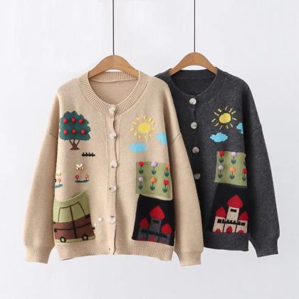 Kids Whimsical Cardigan Sweater With Applique..