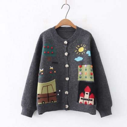 Kids Whimsical Cardigan Sweater With Applique..