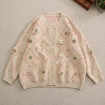 Womens Floral Embroidered Cardigan Sweater In..