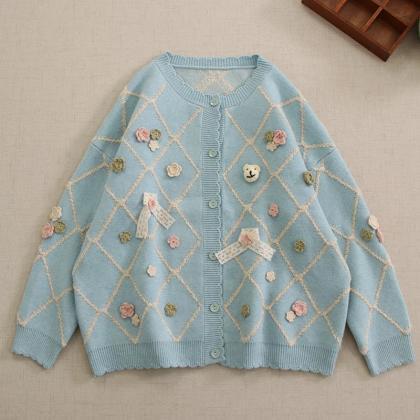 Womens Floral Embroidered Cardigan Sweater In..