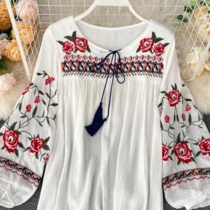 Bohemian Embroidered Long Sleeve Peasant Blouse..