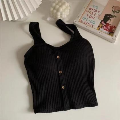Ribbed Knit Button-up Sleeveless Crop Top Set
