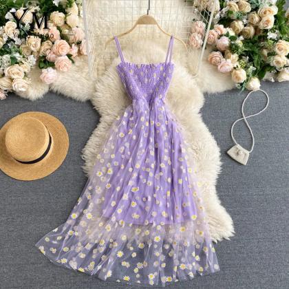Womens Floral Embroidered Tulle Summer Midi Dress