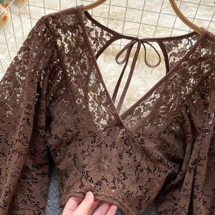 Womens Brown Lace Blouse With Bell Sleeves And Tie