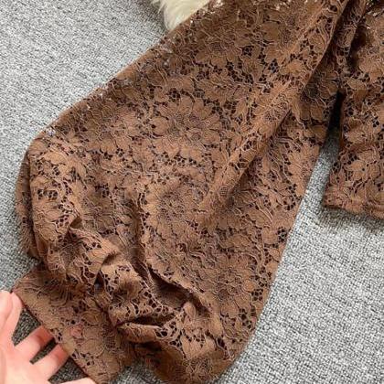Womens Brown Lace Blouse With Bell Sleeves And Tie