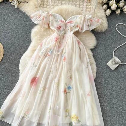Elegant Floral Print Puff Sleeve Summer Dress For..