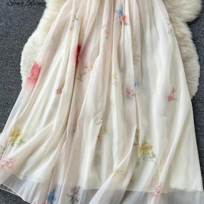 Elegant Floral Print Puff Sleeve Summer Dress For..