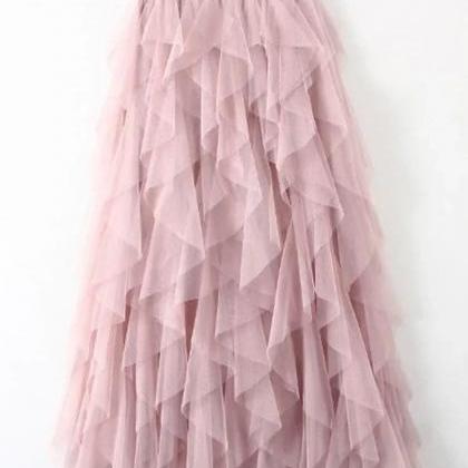Womens Pink Tulle Layered Maxi Skirt Elegant Style
