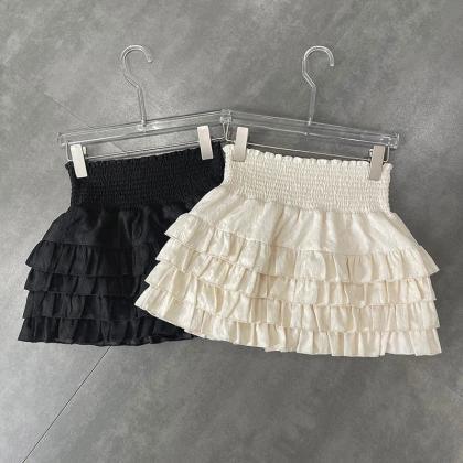 Womens Layered Ruffle Mini Skirt Elastic Waistband