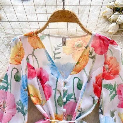 Womens Floral Print V-neck Summer Beach Dress