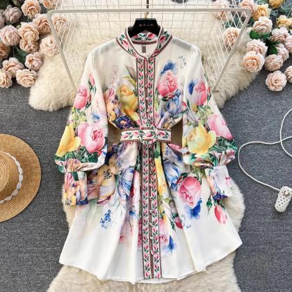 Floral Print Belted Kimono Style Elegant Womens..