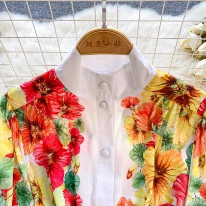 Floral Print Silk Kimono Robe With Belt Tie