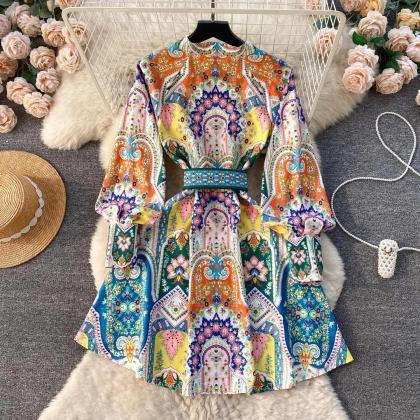 Bohemian Printed Belted Dress With Lantern Sleeves