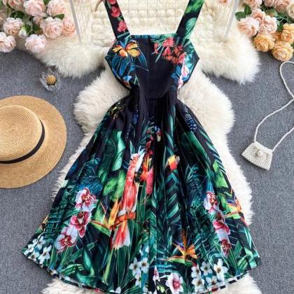 Tropical Print Sleeveless A-line Summer Dress..
