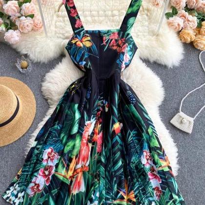 Tropical Print Sleeveless A-line Summer Dress..